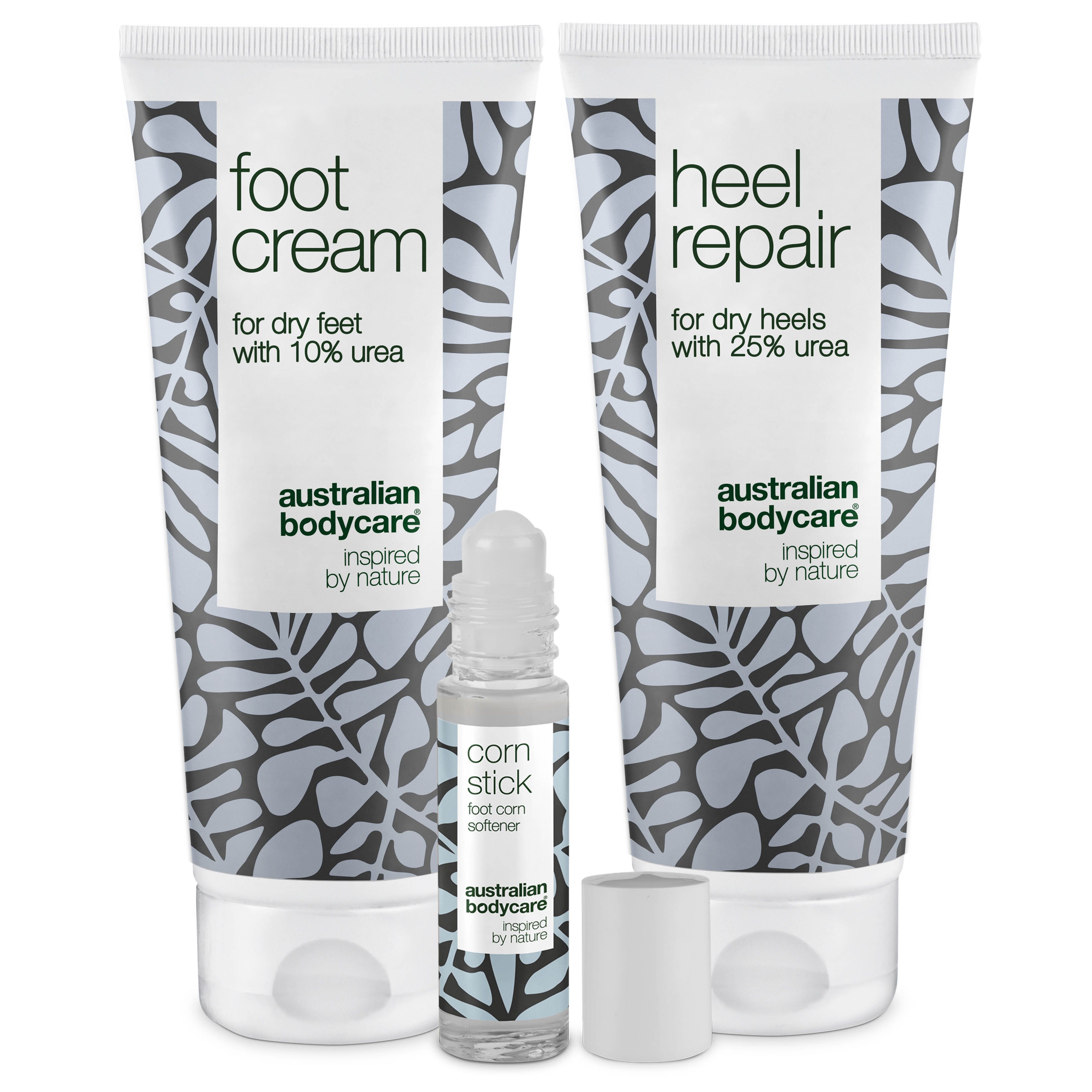 Crème pour les pieds, Heel Repair et Corn Stick. Tubes blancs à motifs noirs et texte. Applicateur roll-on.