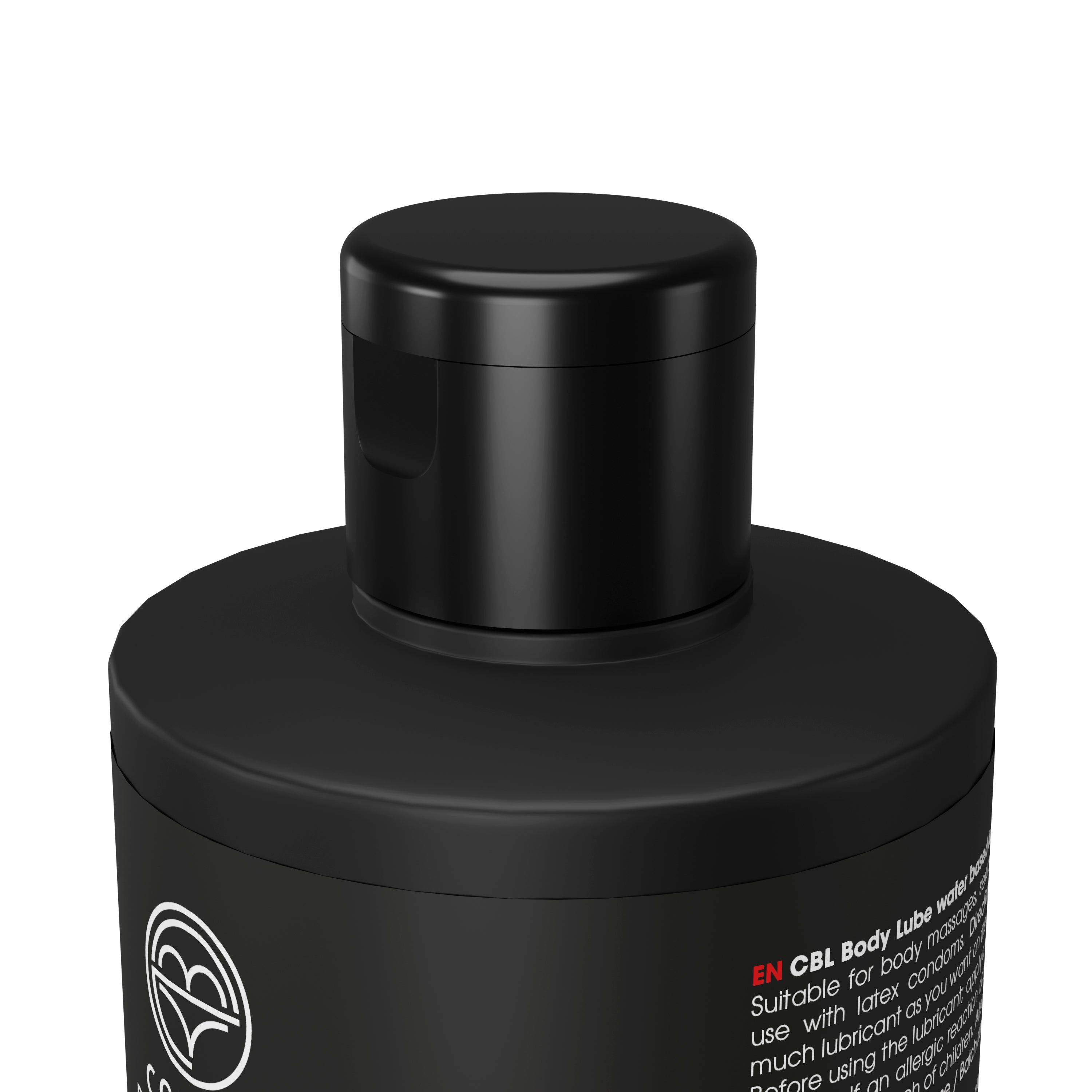 Gros plan du bouchon d'une bouteille noire de Cobeco Body Lube.