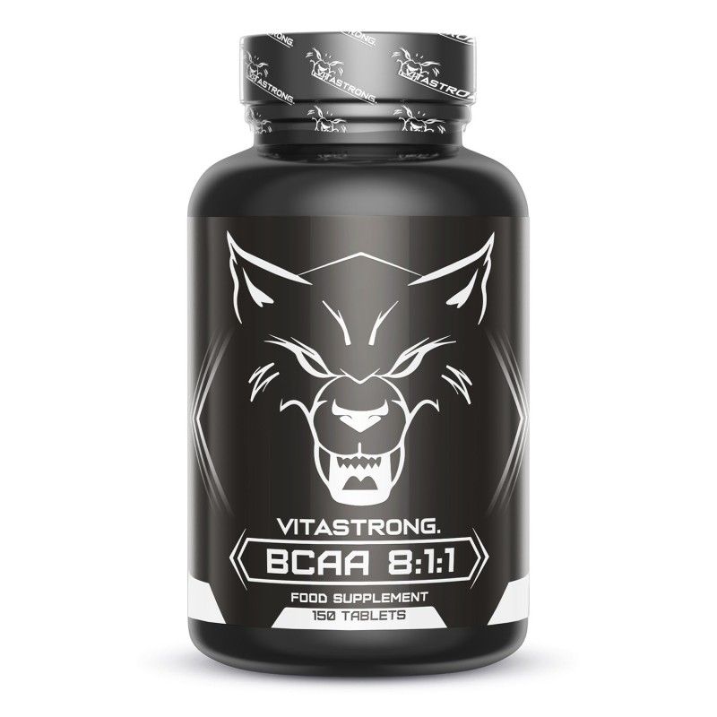 Flacon noir Vitastrong BCAA 8:1:1. 150 comprimés. Logo loup. Couvercle avec logo.