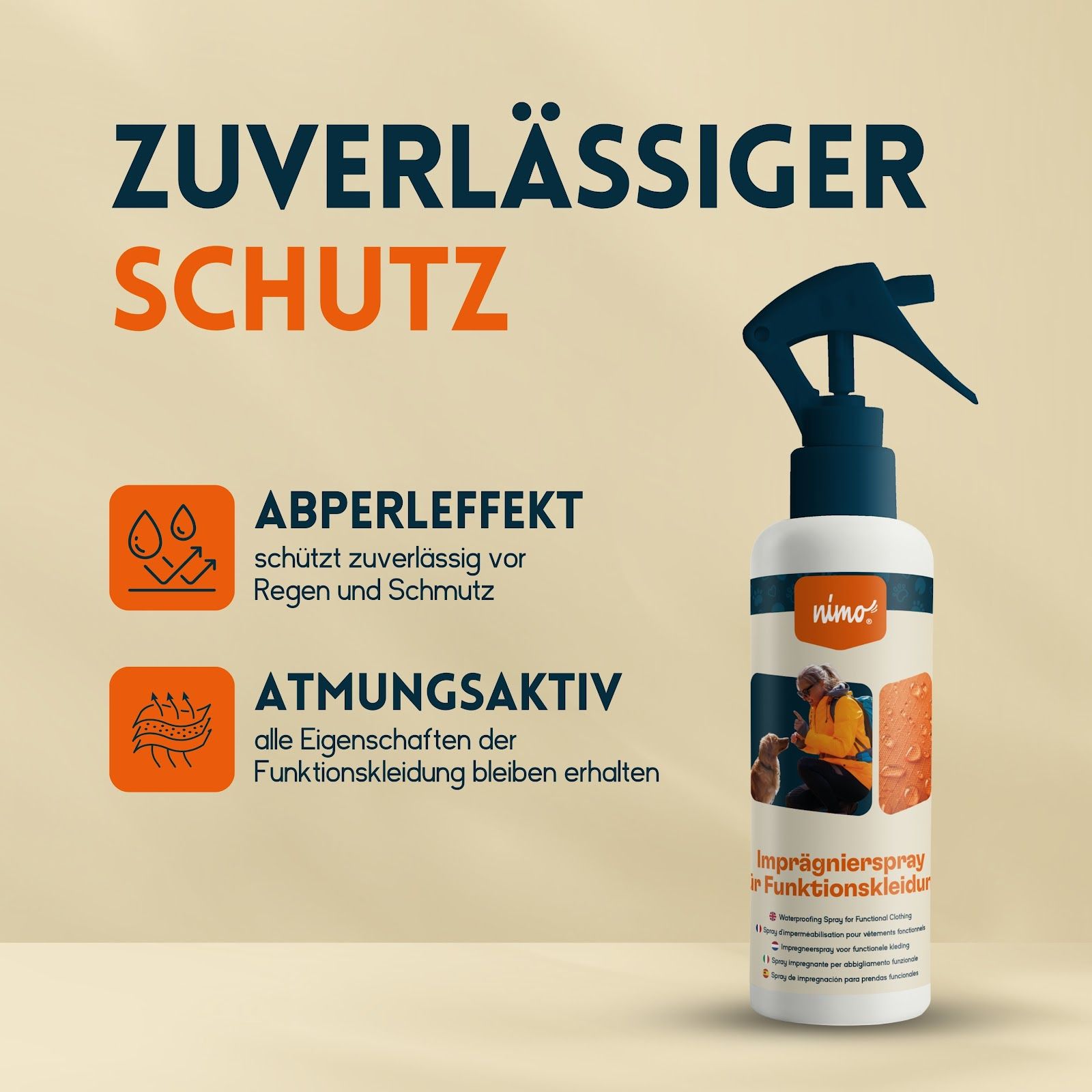 nimo® impregneerspray voor functionele kleding • afdichtmiddel ter bescherming tegen vocht & vuil