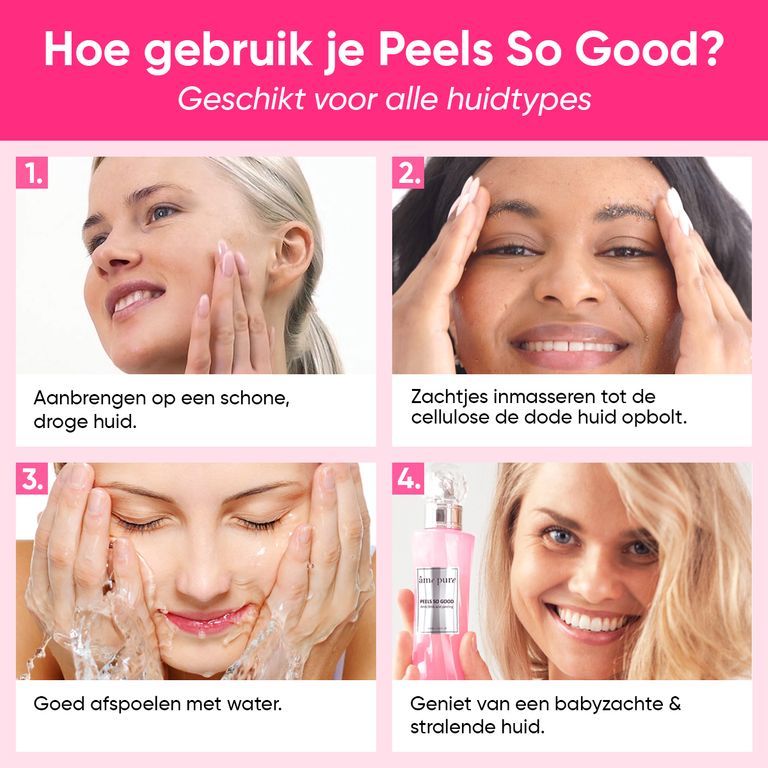 Vier-stappen handleiding voor het gebruik van de "Peels So Good" peeling van âme pure. Toont vrouwen die het product aanbrengen.
