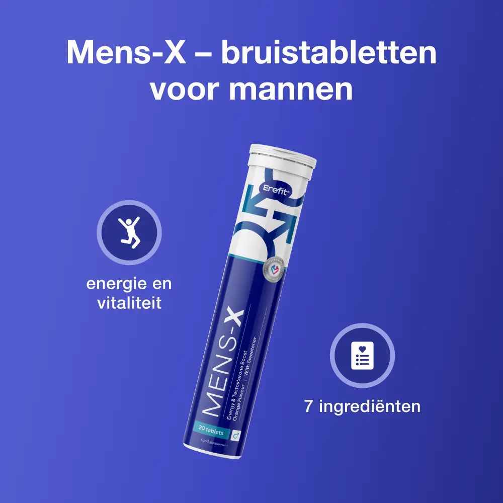 Tube MENS-X. Symbolen: Energie, 7 ingrediënten. Tekst: Bruistabletten voor mannen. Merk: Erefit.