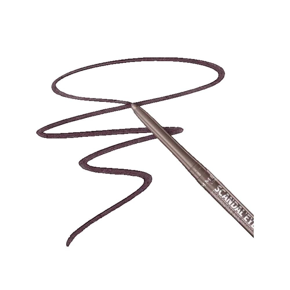 Eyeliner-streep in taupe, gegolfd. Eyeliner-pen in de buurt. Opschrift: Scandaleyes. Donkerbruine kleur.
