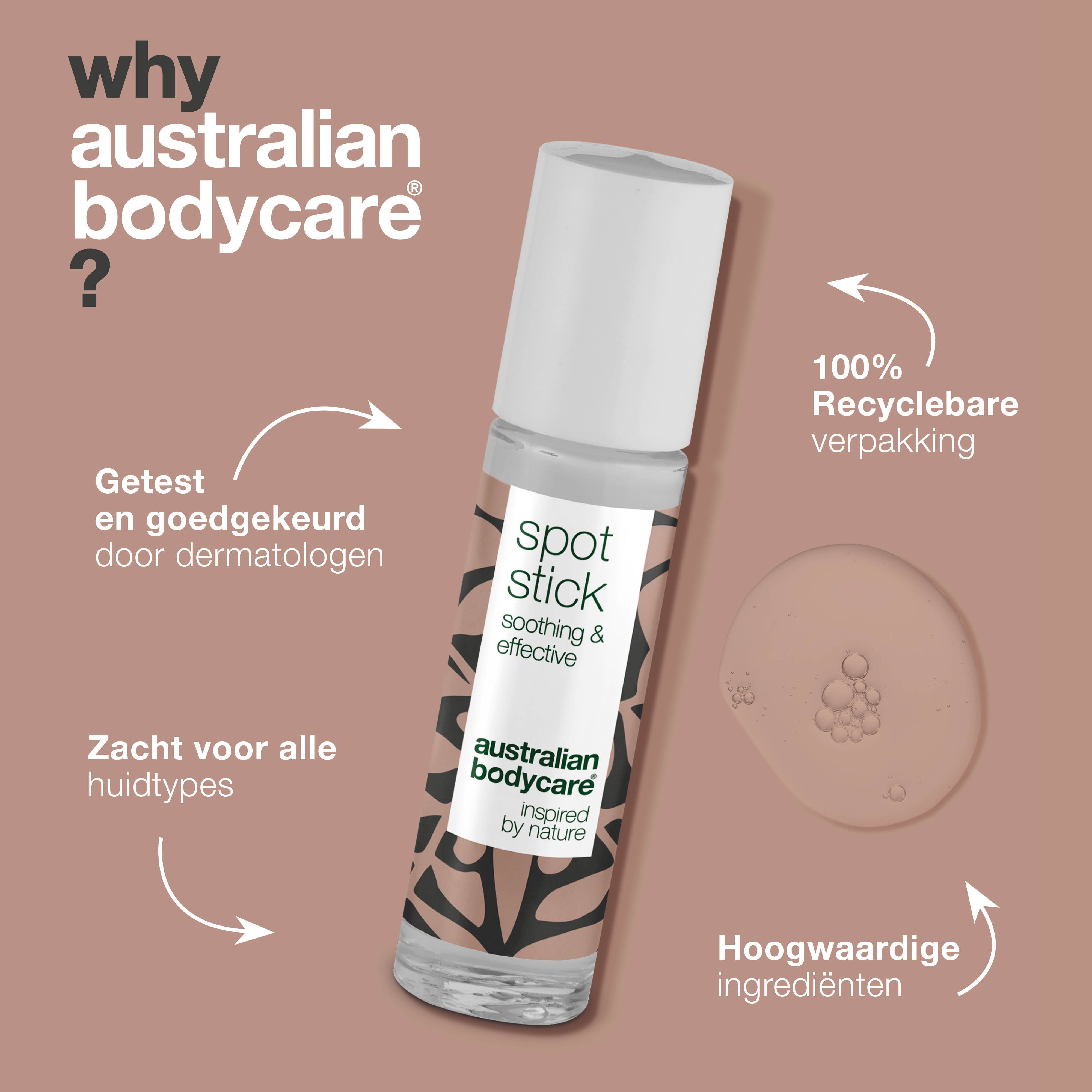 Roll-on stick en tekst. Opschrift: Spot Stick, soothing & effective, Australian Bodycare. Tekst over voordelen.