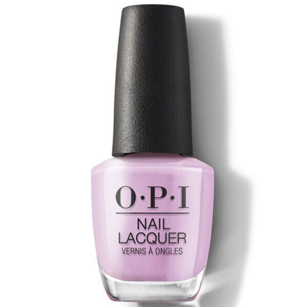 OPI nagellakfles, lichtlila. Zwarte dop. Opschrift: OPI, Nail Lacquer, Vernis à Ongles.