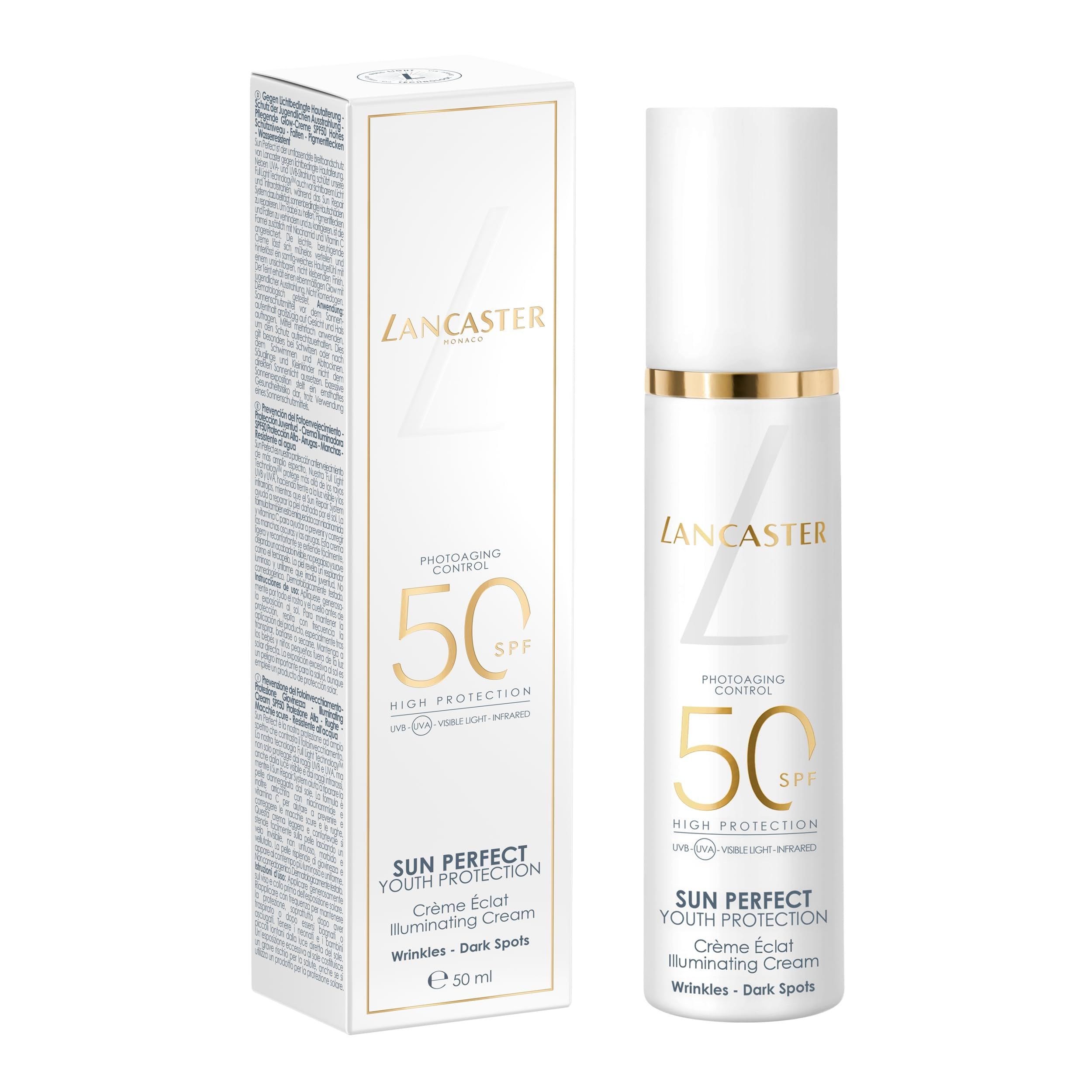 Witte Lancaster Sun Perfect Youth Protection doos met productinformatie.