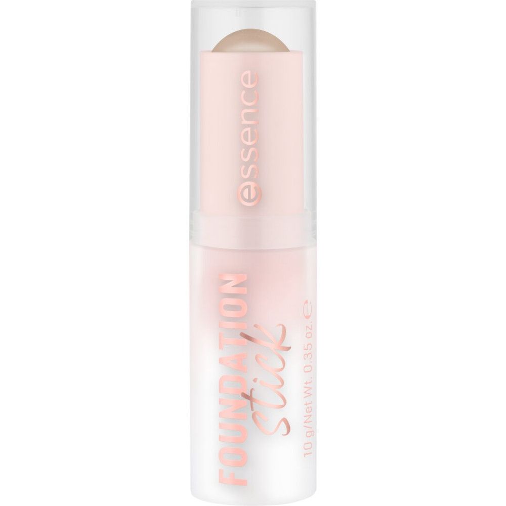 Stick de fond de teint Essence. Bâton rose avec capuchon transparent. Nom du produit et marque visibles.