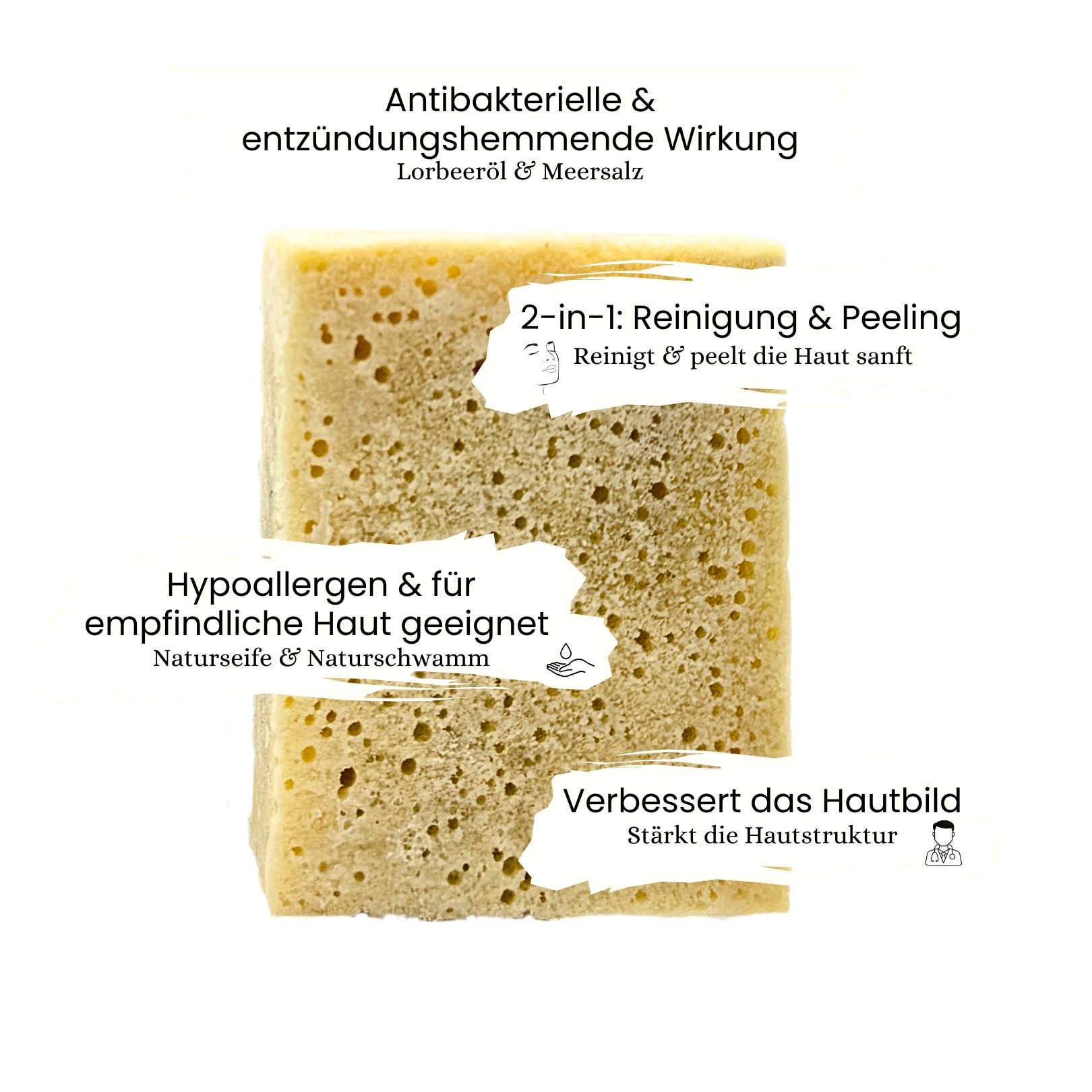 Éponge rectangulaire avec textes: Effet antibactérien, 2-en-1 nettoyage & gommage, Hypoallergénique, améliore la peau. Savon naturel & éponge naturelle.