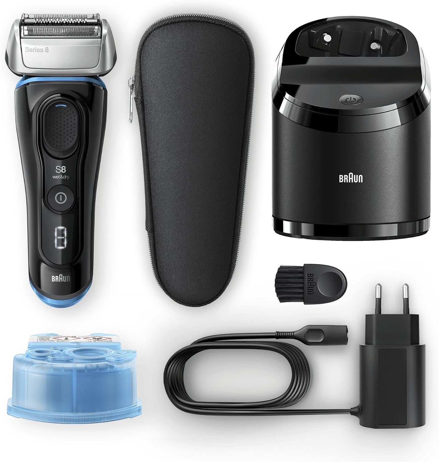 Rasoir électrique Braun Series 8, station de charge/nettoyage, étui, tête de remplacement, brosse de nettoyage et adaptateur secteur.