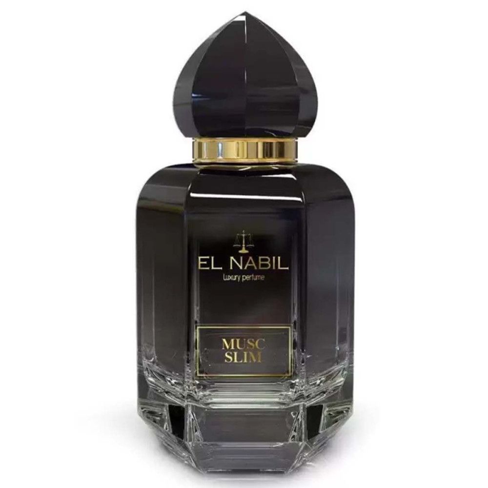 Flacon noir avec bouchon noir et or. Inscription: EL NABIL, MUSC SLIM. Parfum de luxe. Design facetté.