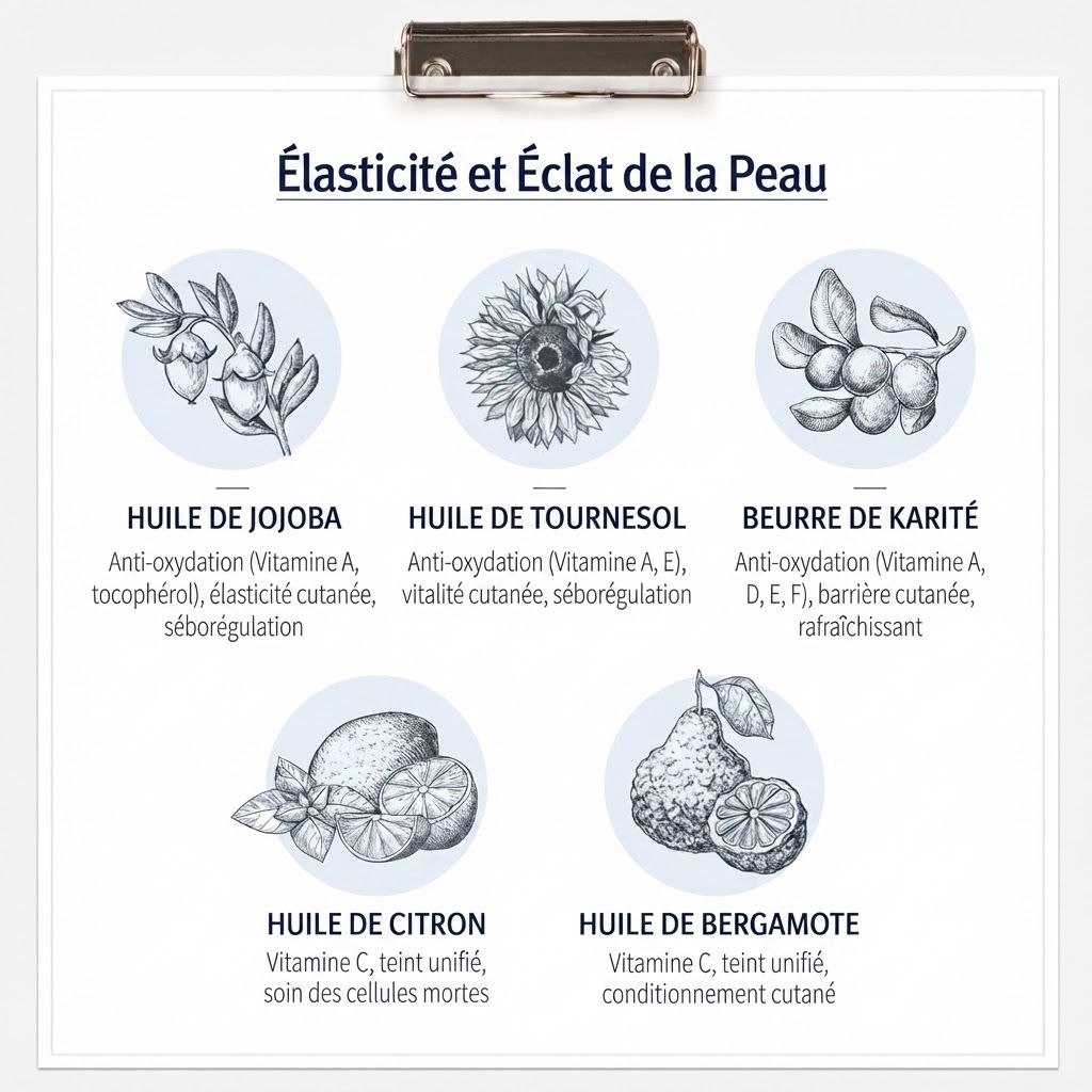 Huile de jojoba avec antioxydants (Vitamine A, tocophérol), élasticité cutanée, séborégulation.