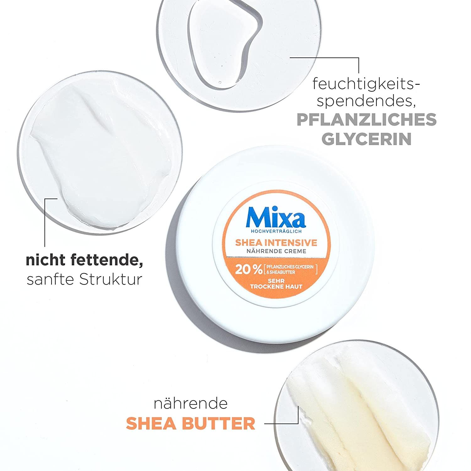 Mixa crème pot met ingrediënten: glycerine en shea butter. Niet vette, zachte structuur. Voor zeer droge huid.