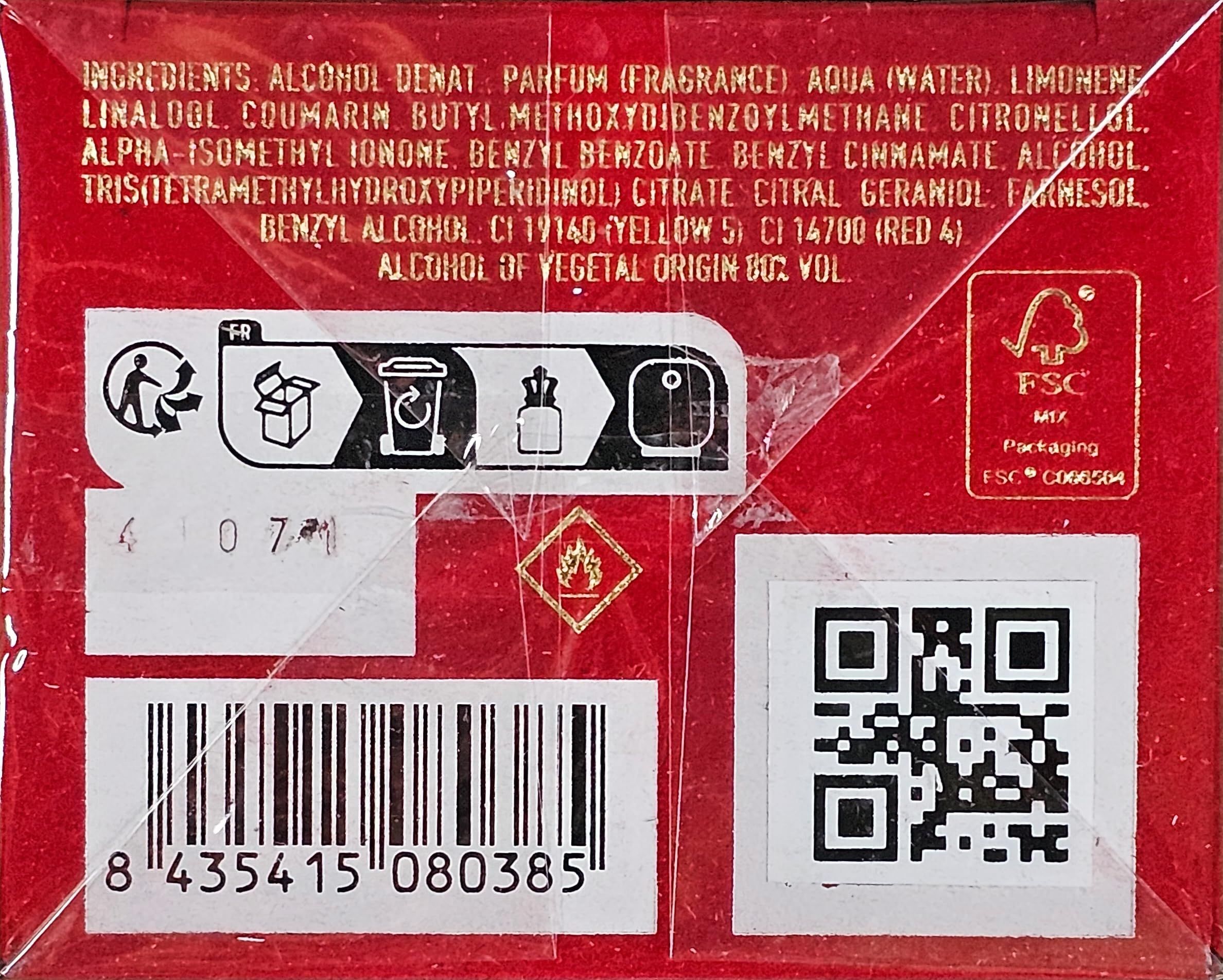 Dos de la boîte rouge. Liste des ingrédients, symboles de recyclage, code-barres, QR code et logo FSC.