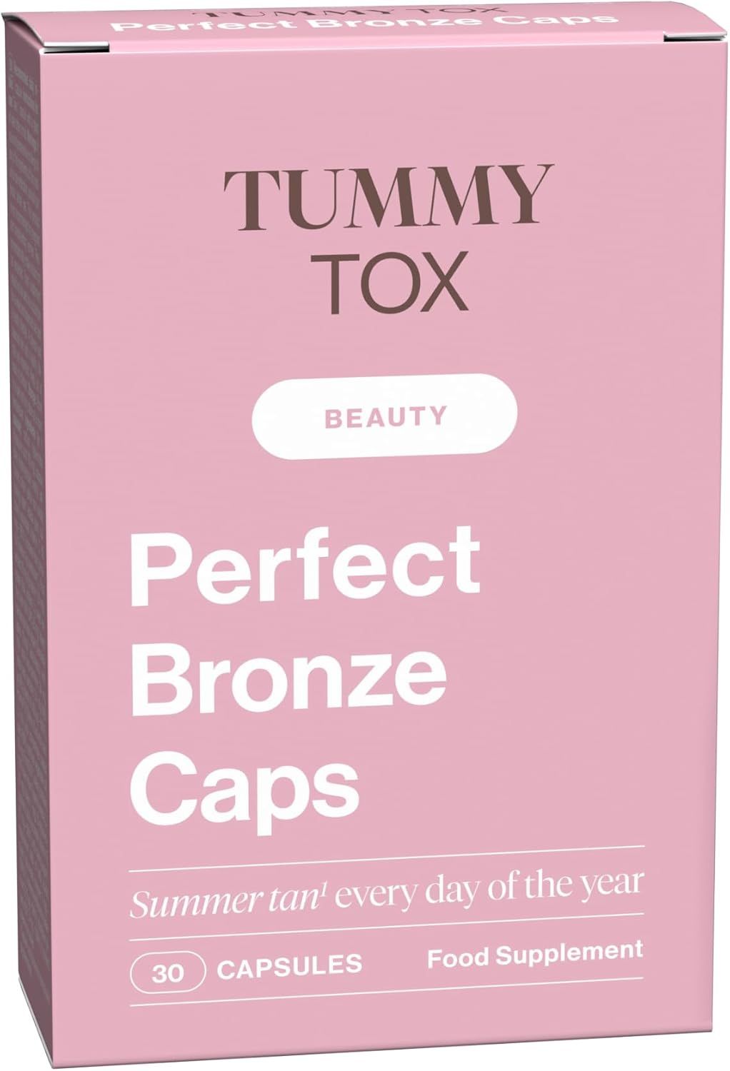 Boîte rose avec 'Tummy Tox Perfect Bronze Caps'. Texte: Summer tan every day of the year. 30 gélules. Complément alimentaire.