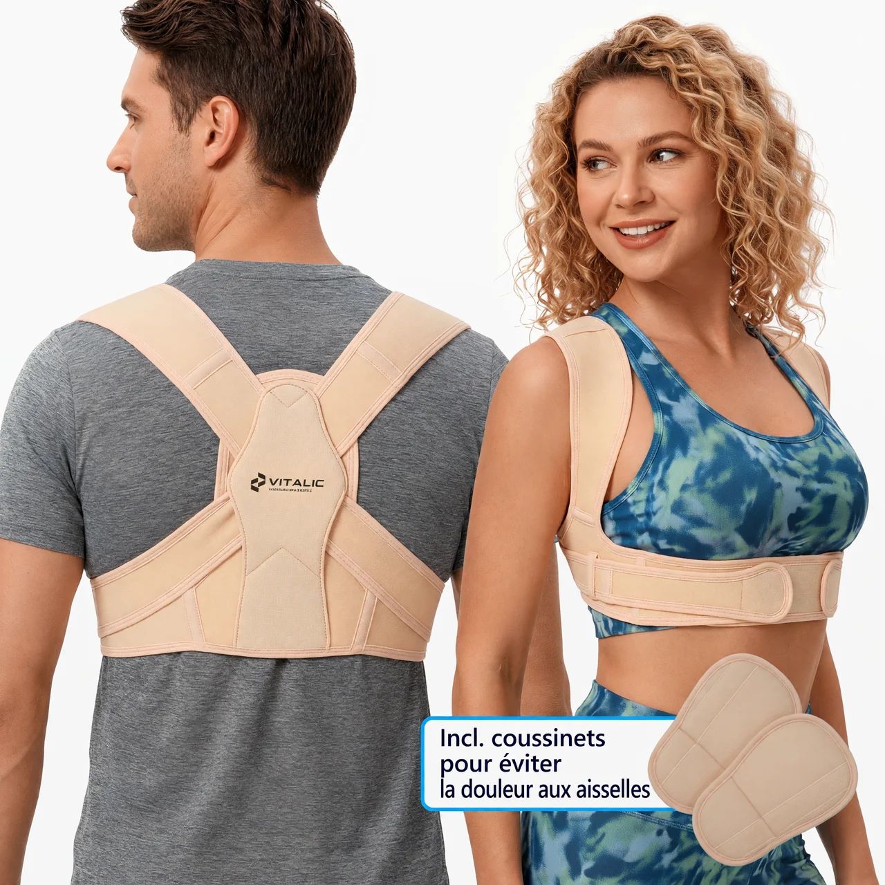 Man en vrouw dragen beige rugbraces. Inclusief pads. VITALIC logo is zichtbaar.