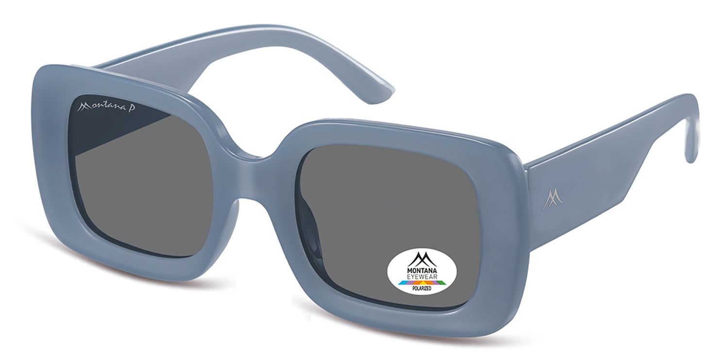 Lunettes de soleil bleues à verres rectangulaires. Logo Montana Eyewear. Autocollant de polarisation. Vue en perspective.