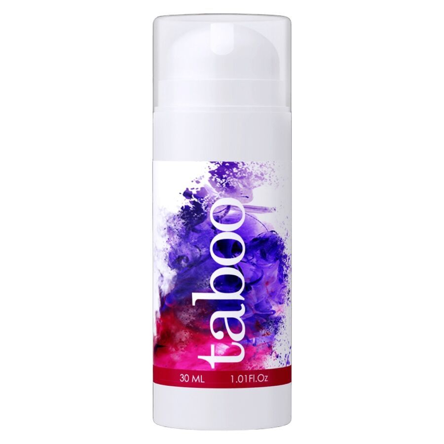 Flacon blanc "taboo Pleasure Gel" 30 ml. Tache de couleur violet-rose sur le flacon.