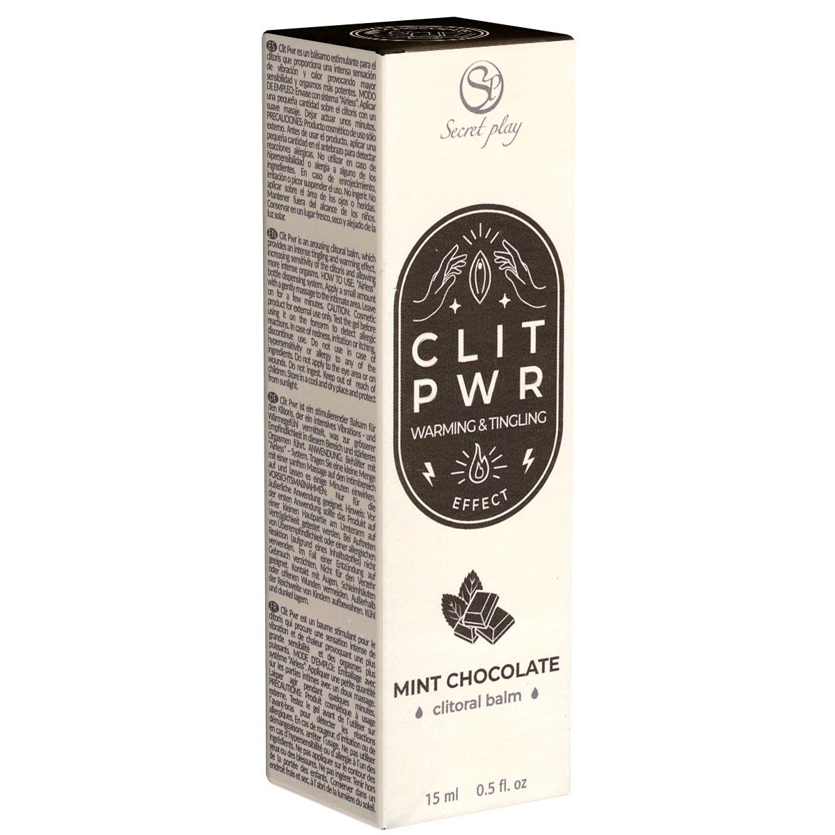 Emballage rectangulaire. Nom et détails du produit. Avec logo et texte. Inscription: Mint Chocolate clitoral balm.