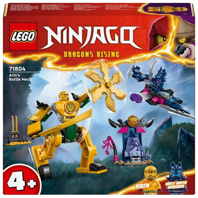 Ensemble LEGO NINJAGO avec robot jaune, constructions bleues et violettes. Emballage au premier plan. 4 ans et plus.