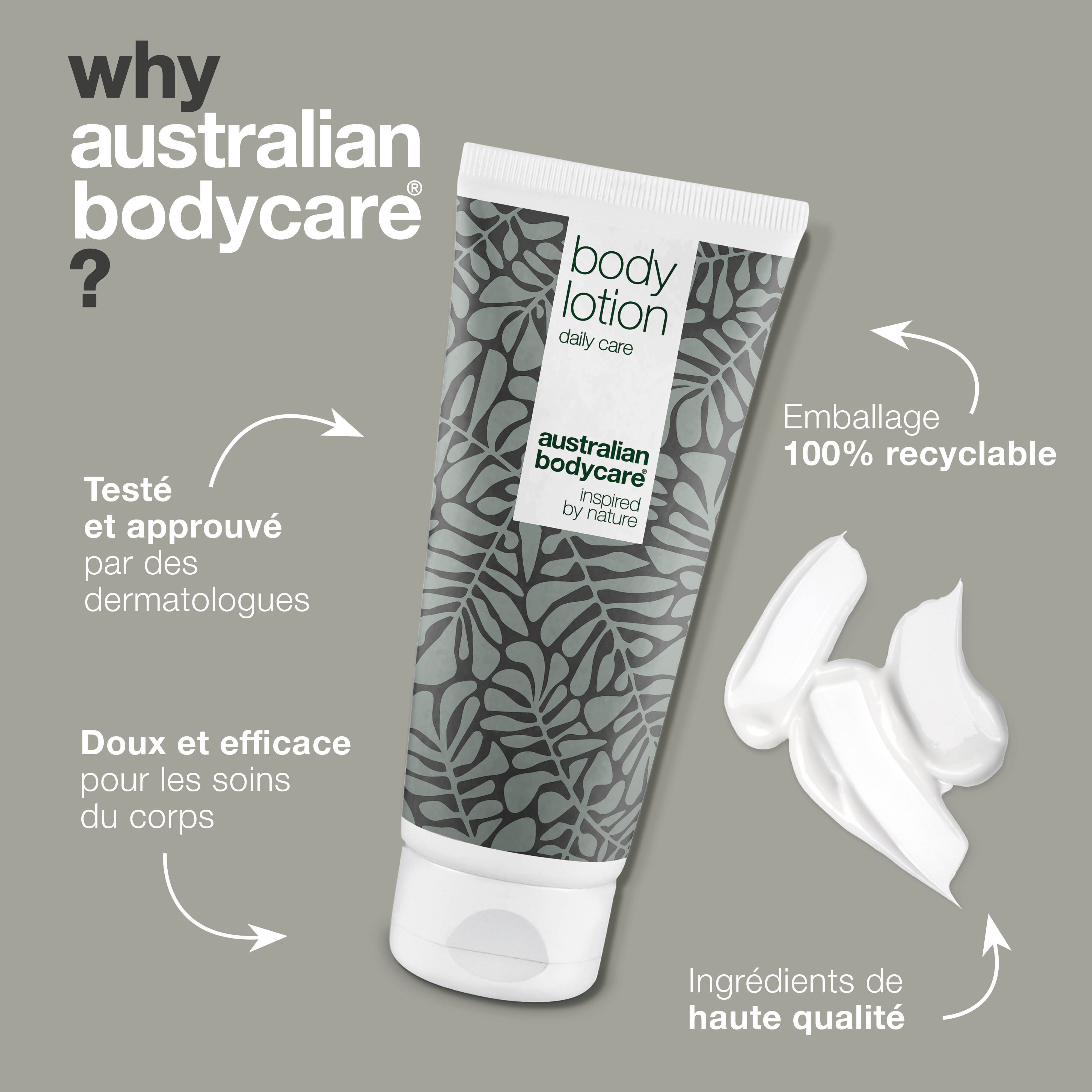 Tube : Body Lotion, daily care. Logo : Australian Bodycare. Texte : Why Australian Bodycare ?
