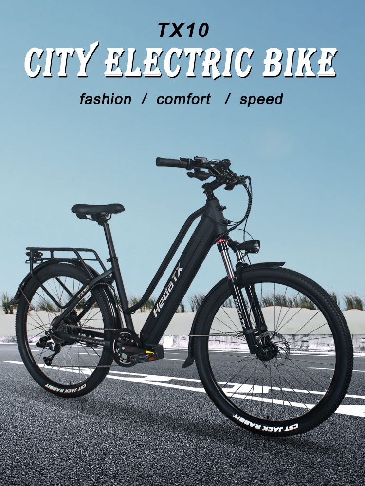 E-bike op de weg. Tekst: TX10 CITY ELECTRIC BIKE. Hedatx-opschrift. Modieus, comfortabel en snel design.