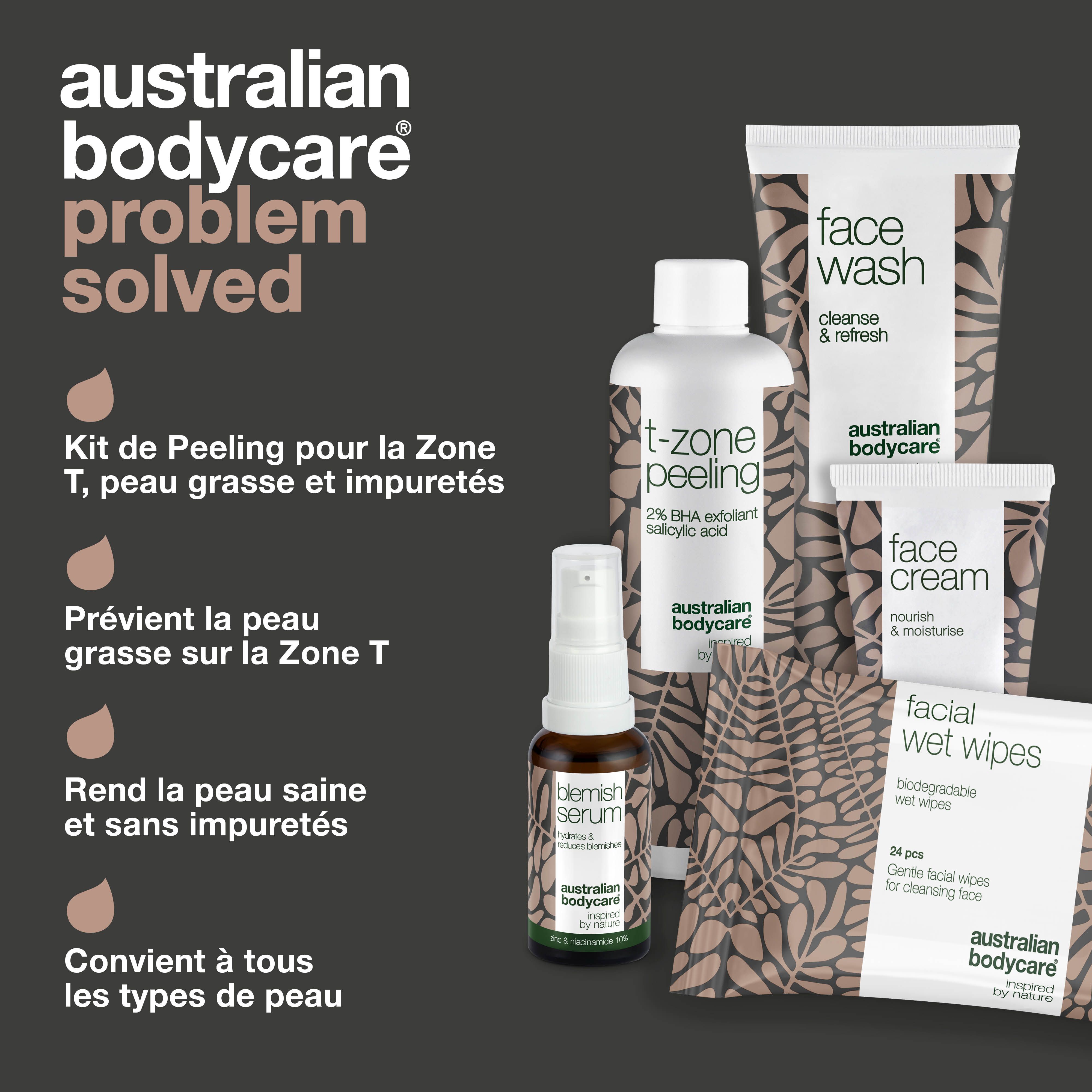 Comparaison des problèmes de peau et des solutions. Produits : nettoyant, peeling, sérum, crème, lingettes.