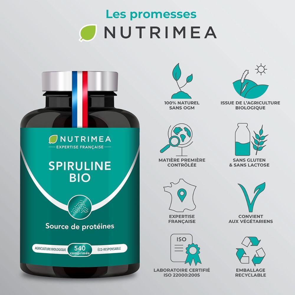 Flacon de SPIRULINE BIO. Source de protéines. Icônes: bio, vegan, sans gluten, etc. Certifié.