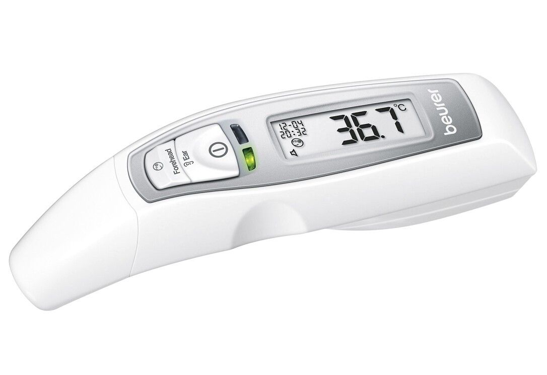 Witte thermometer met display. Toont 36,7°C. Merk Beurer.