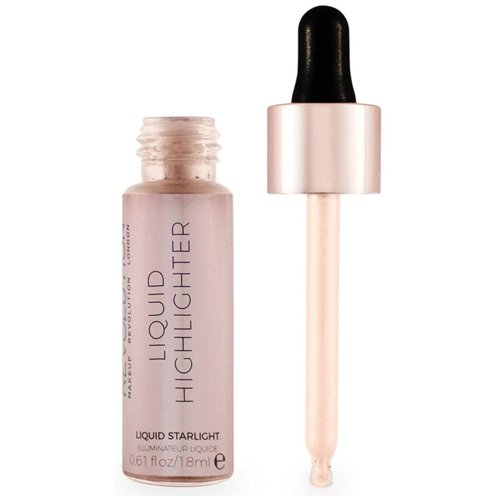 Vloeibare highlighter met glazen fles en pipet. Roze vloeistof, zwarte pipetpunt. Opschrift: Liquid Highlighter.