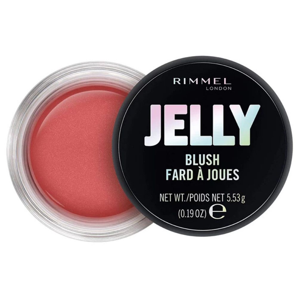 Ronde pot met roze jelly blush. Zwart deksel met "Jelly Blush Fard à Joues". Merk Rimmel.