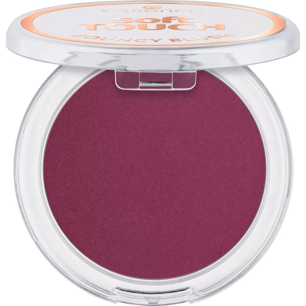 Boîtier de blush rond avec couvercle. Blush rose foncé à l'intérieur. Nom du produit sur le couvercle.