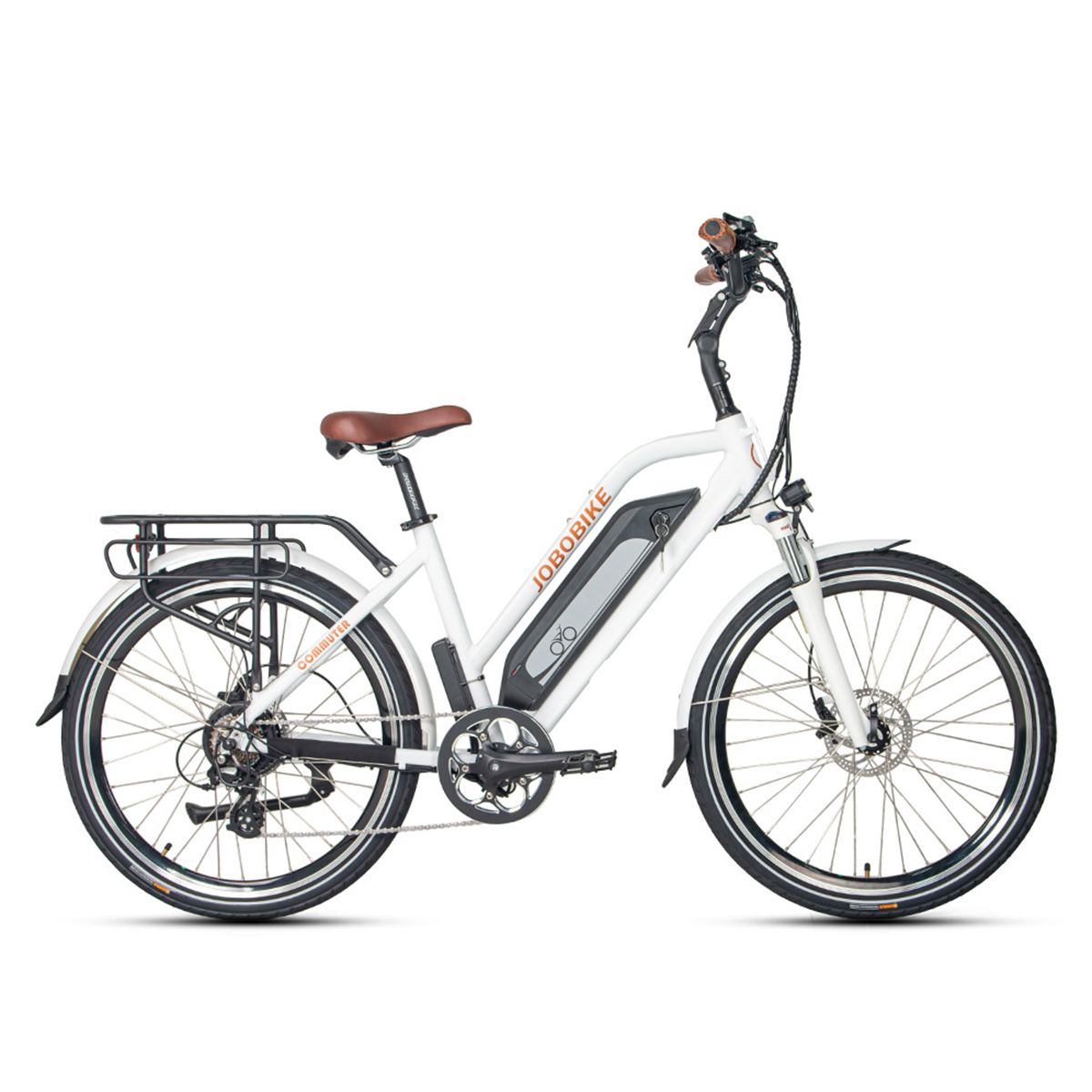 Vélo électrique blanc avec selle et guidon marron. Batterie sur le cadre. Logo JOBOBIKE visible.