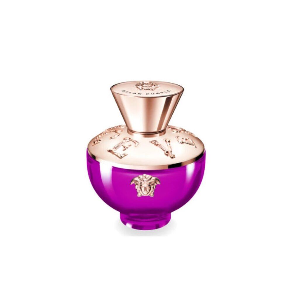Flacon violet rond avec bouchon doré. Logo Versace et inscription. Dylan Purple Eau de Parfum.