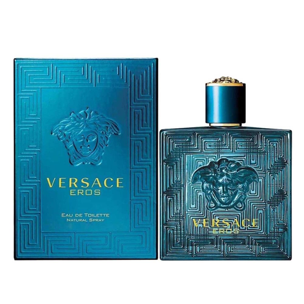 Flacon et emballage turquoise Versace Eros. Flacon avec logo Méduse et motif géométrique. Emballage avec logo.