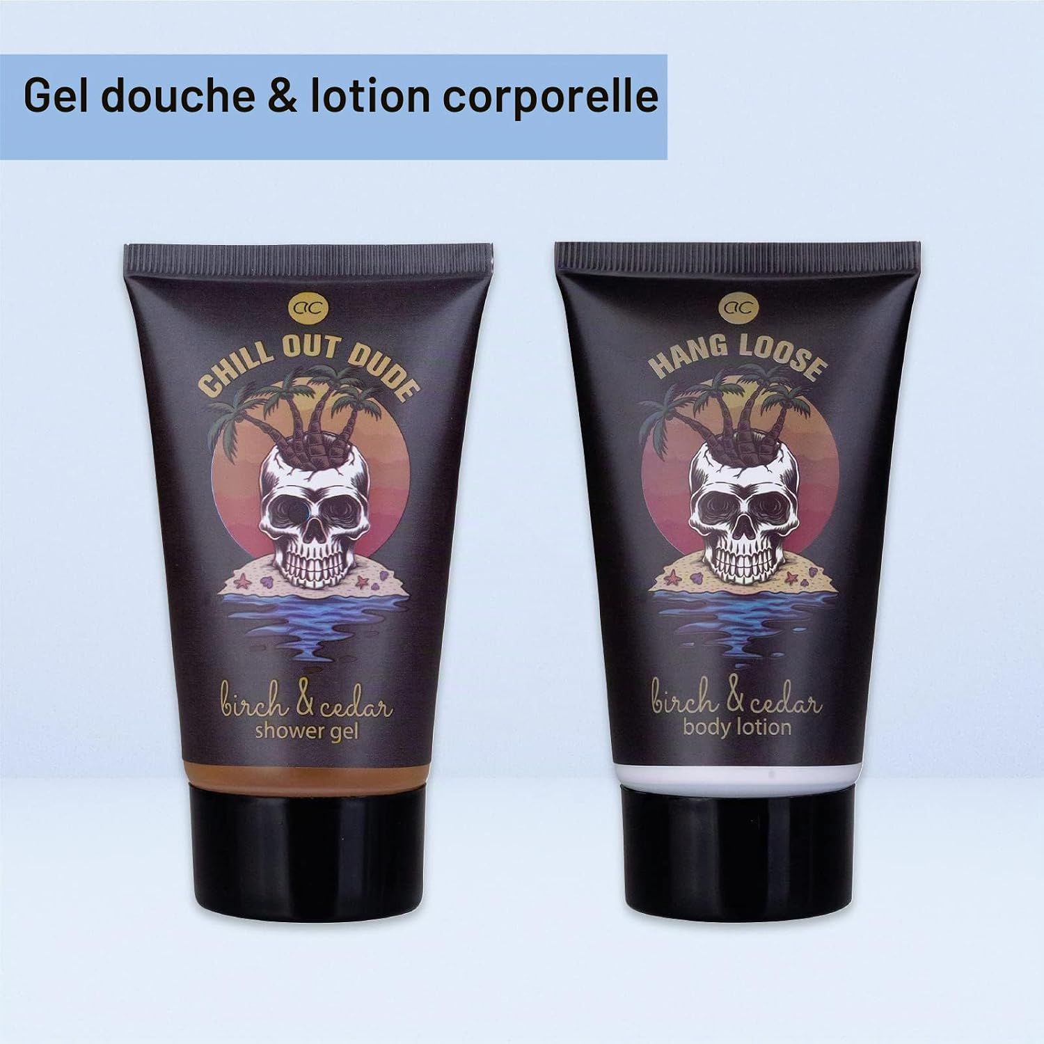 Deux tubes: gel douche 'Chill Out Dude' et lotion corporelle 'Hang Loose', parfum bouleau et cèdre, design crâne.