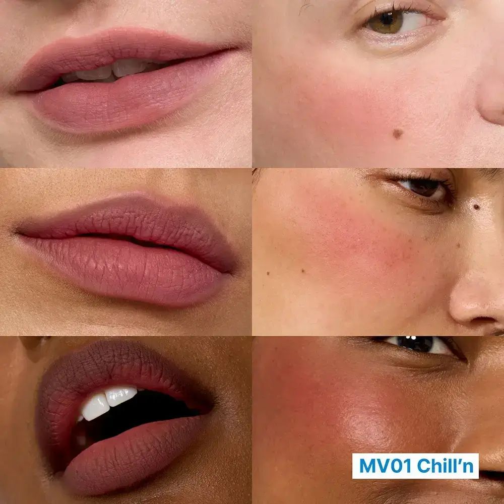 Close-ups van lippen en wangen met de productnaam "MV01 Chill'n".