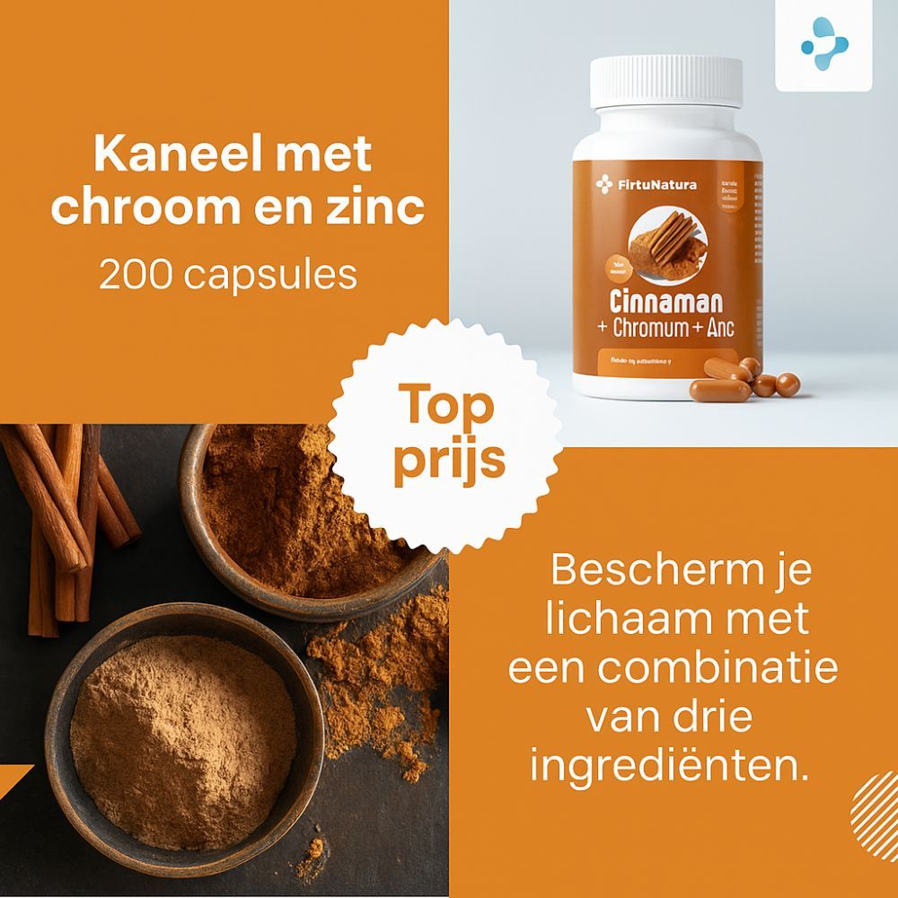 Fles "Kaneel met chroom en zink". Kaneelpoeder in kommen. Kaneelstokjes. Tekst: "Top prijs".