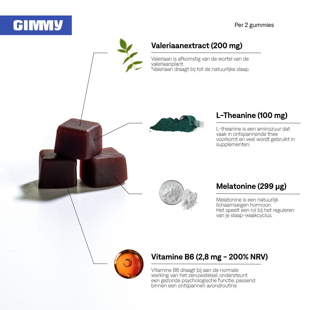 Infographic met GIMMY-logo en tekst. Toont ingrediënten per 2 gummies, zoals Valeriaanextract, L-Theanine, Melatonine.