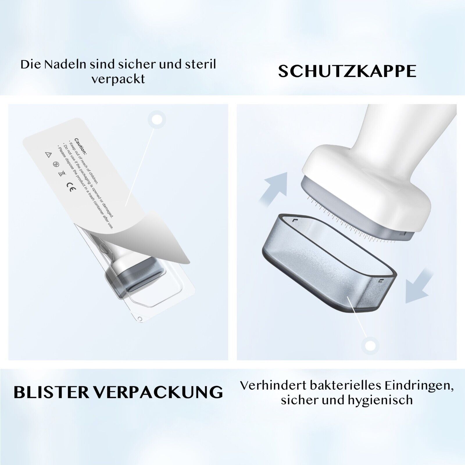 Dermastamp in blisterverpakking. Tekst: beschermkap, blisterverpakking. De naalden zijn veilig en steriel verpakt.