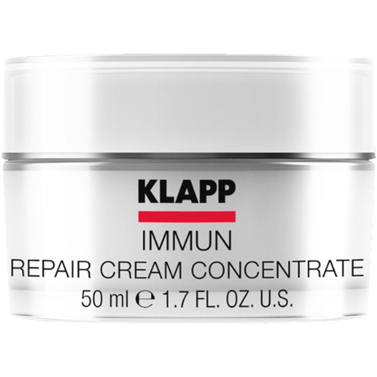 Witte pot met deksel. Opschrift: Klapp Immun Repair Cream Concentrate, 50 ml.