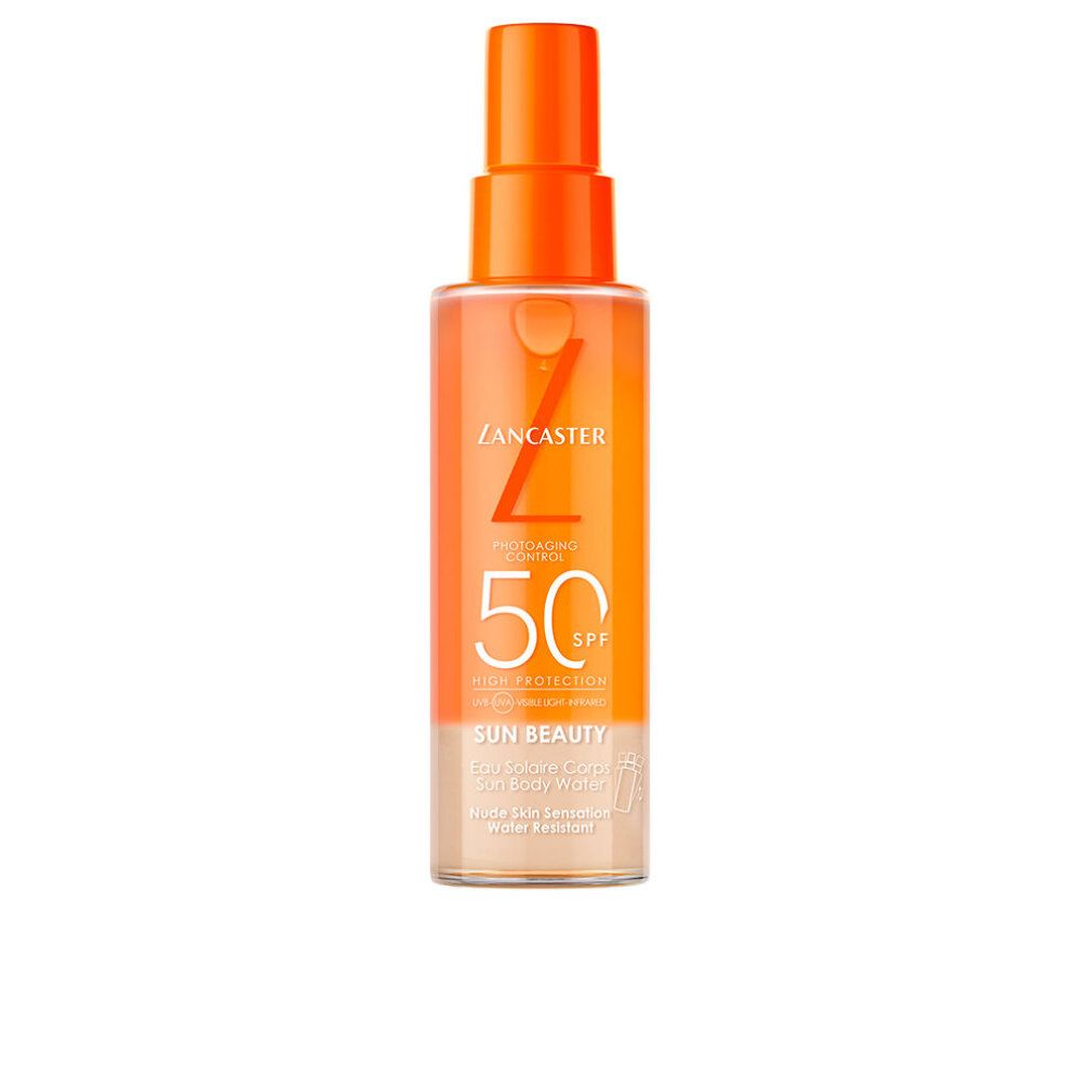 Lancaster Sun Beauty Eau du Corps Solaire SPF50 Spray. Spray à tête orange, flacon transparent dégradé orange-beige.