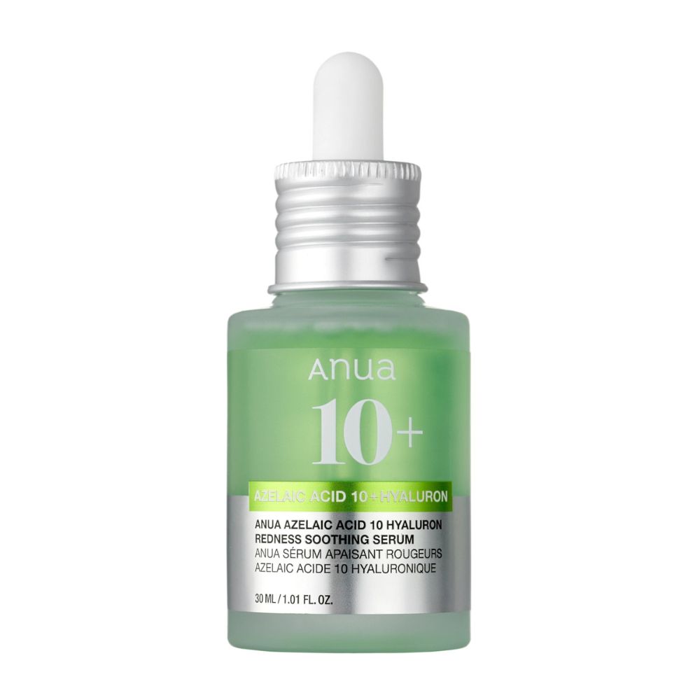 Flacon de sérum Anua Azelaic Acid 10 Hyaluron avec pipette, liquide vert, texte.