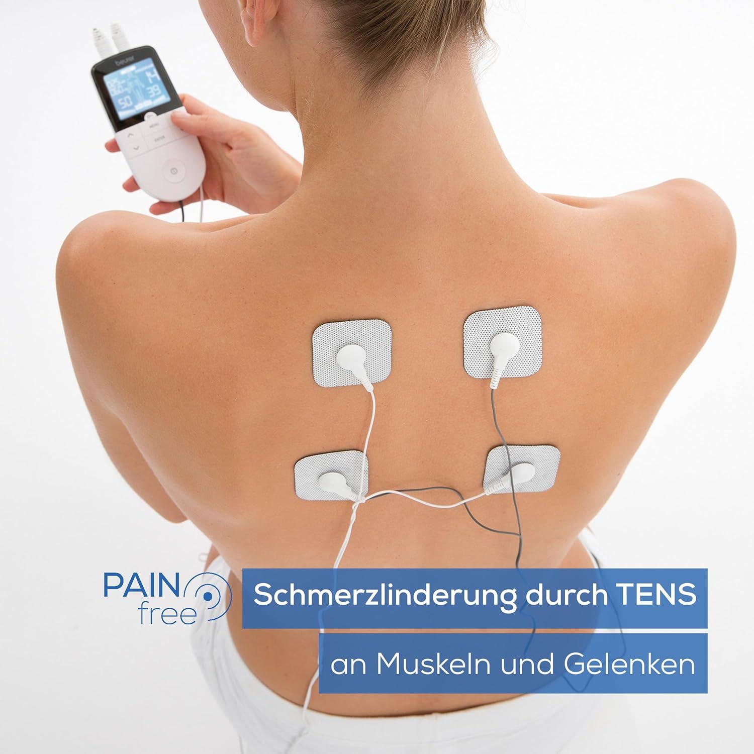 Appareil avec électrodes sur le dos. Texte: Soulagement de la douleur par TENS sur les muscles et les articulations.