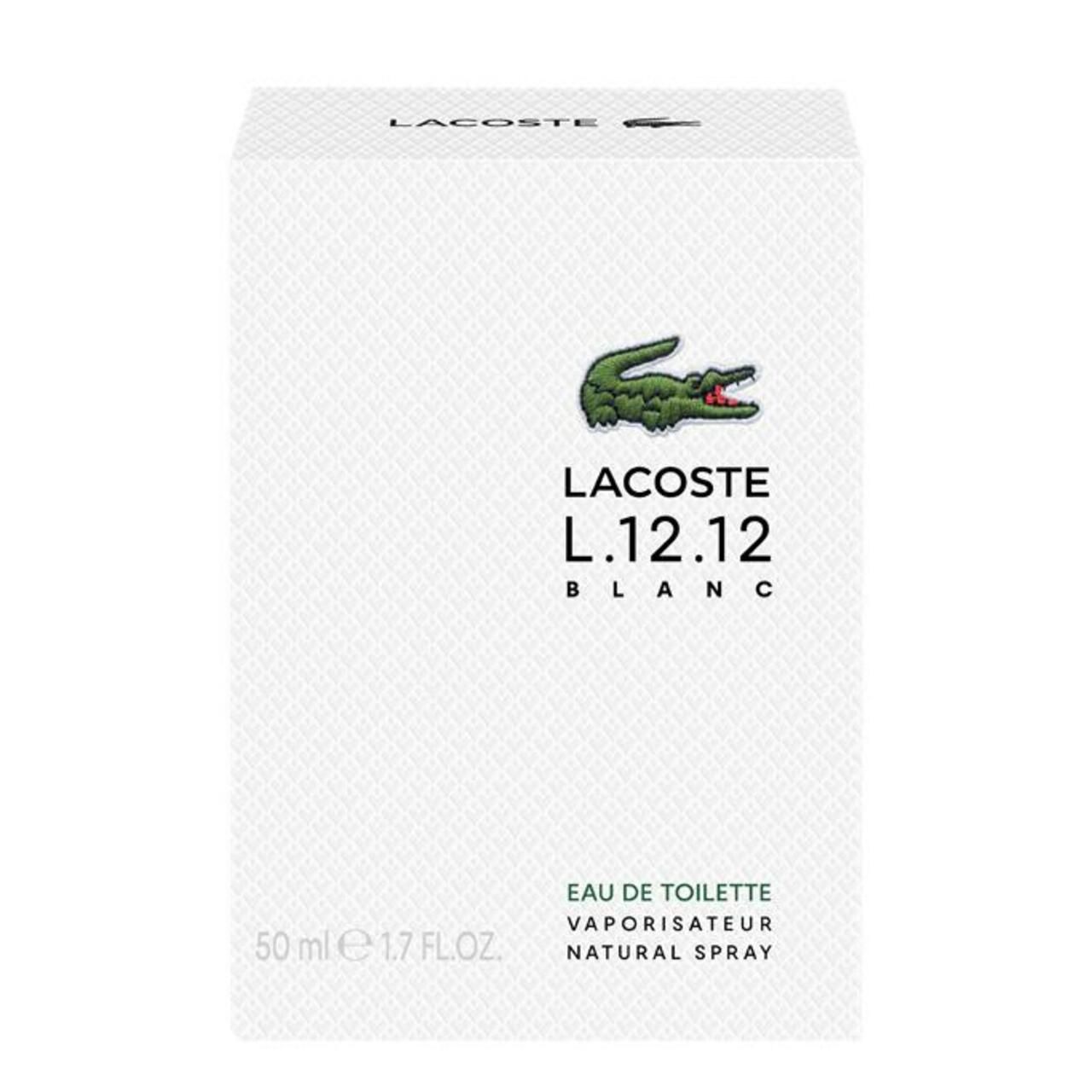 Emballage blanc avec logo crocodile vert. Inscription : Lacoste L.12.12 Blanc. Eau de Toilette.