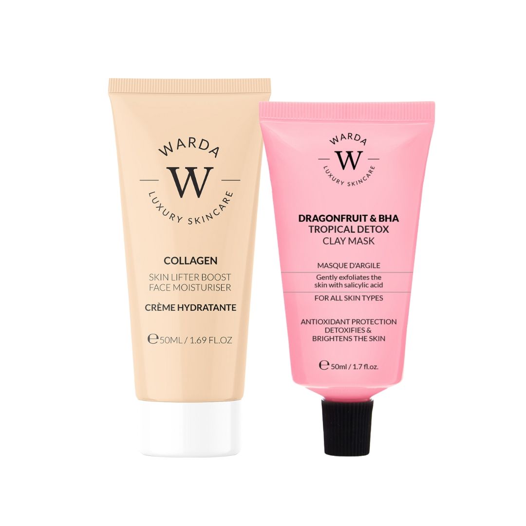 Deux tubes de produits Warda Skincare. À gauche : crème, à droite : masque. Inscription et logo. 50ml.