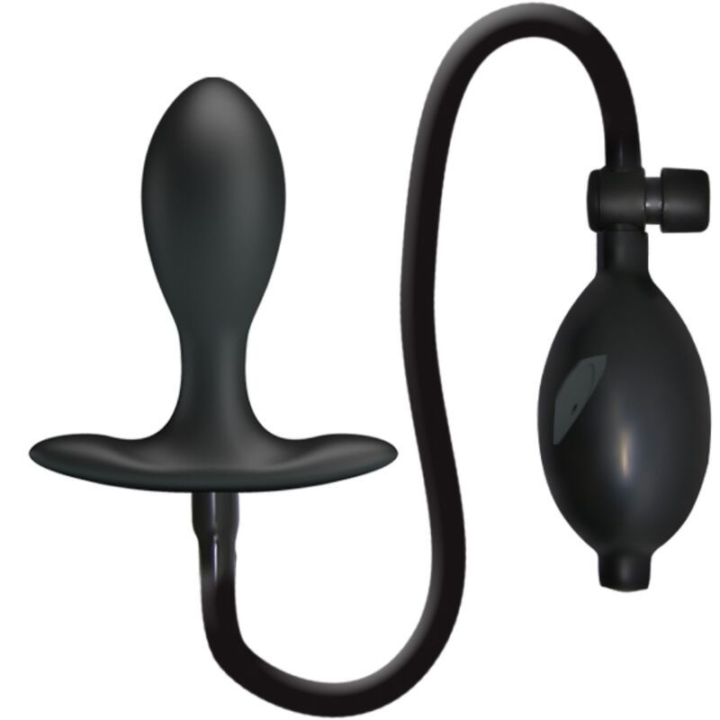 Zwarte opblaasbare anale plug met pomp en slang, geïsoleerd op witte achtergrond.