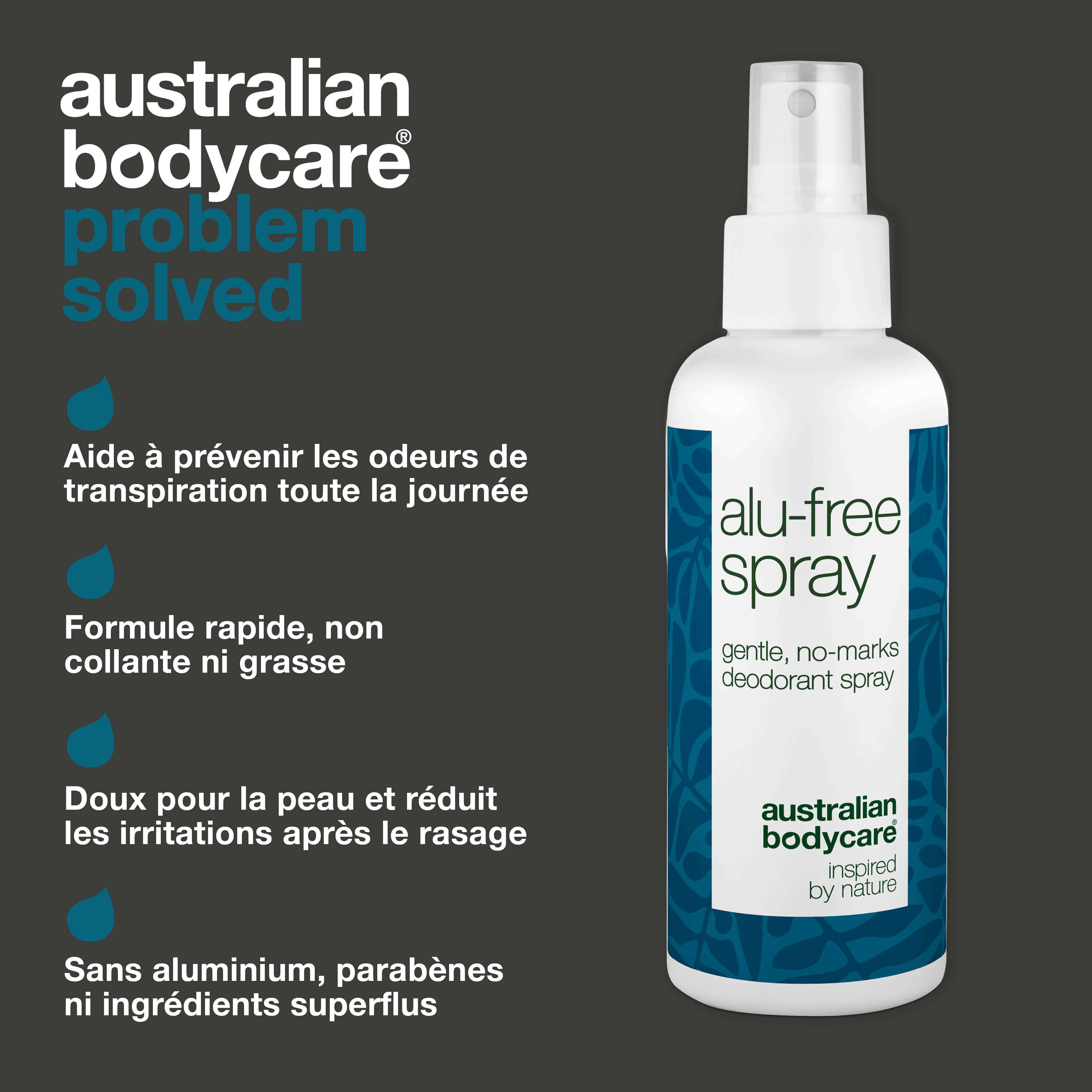 Spray sans aluminium. Texte: alu-free spray, gentle, no-marks deodorant spray. Logo: Australian Bodycare. Texte: Prévient les odeurs de transpiration.