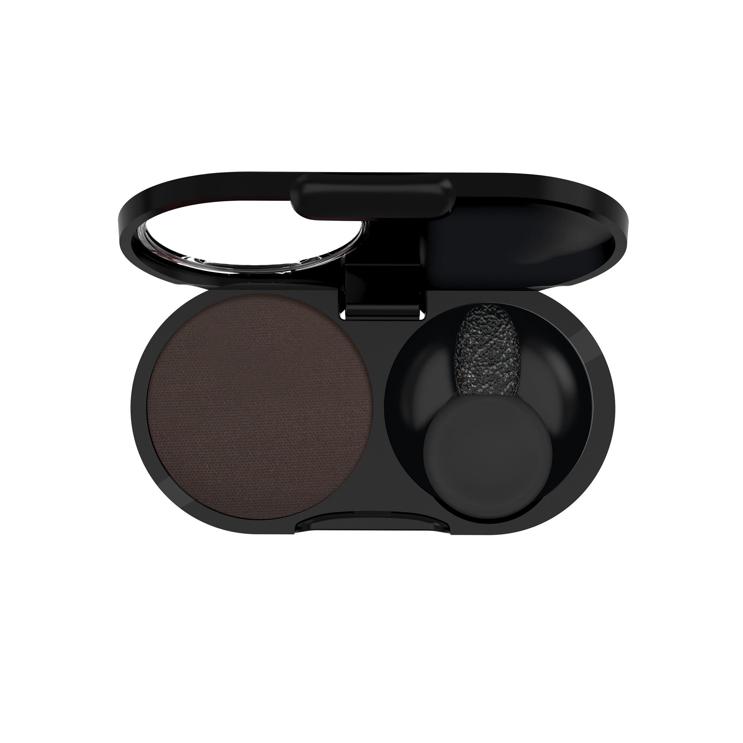 Compacte, donkerbruine oogschaduw met applicator.