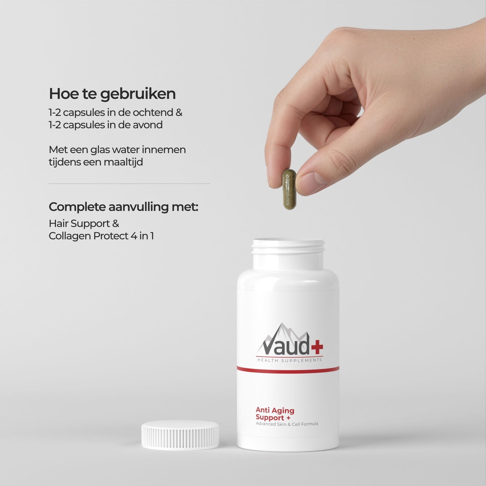 Hand houdt capsule boven Vaud+ pot 'Anti Aging Support+'.