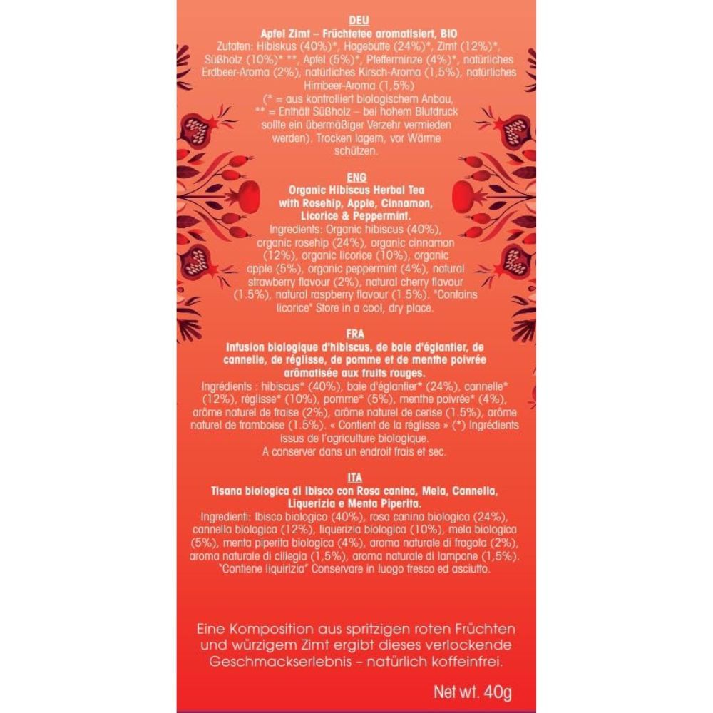 Achterkant van de verpakking. Tekst met ingrediëntenlijst en voedingswaarde. BIO-label. Netto 40g.